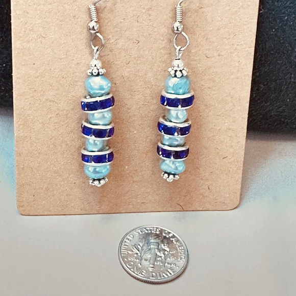 Stainless Steel Genuine Freshwater Light Blue Pearls 4ea w/Purples Crystals - Picture 6 of 6